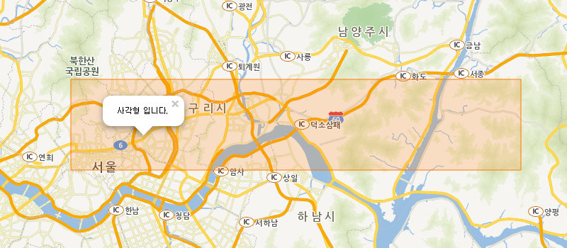 기본 컨트롤이 제공된 지도 이미지 - 사각형